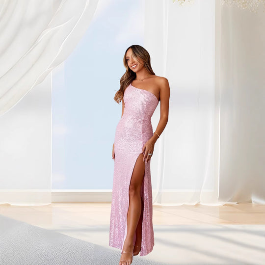 Damen Glamouröses Pailletten Abendkleid mit hohem Schlitz Heidi-Mode