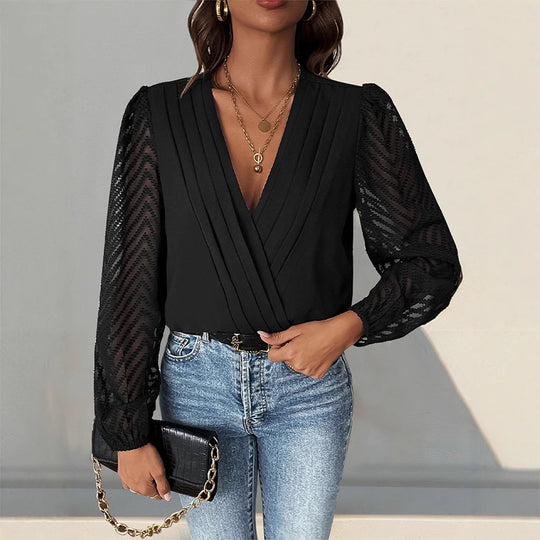 Damen elegantes Body mit voluminösen Ärmel und tiefem V-Ausschnitt Heidi-Mode