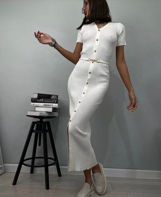 Damen Midi-Kleid mit strukturiertem Rippdesign und Knopfleiste Heidi-Mode