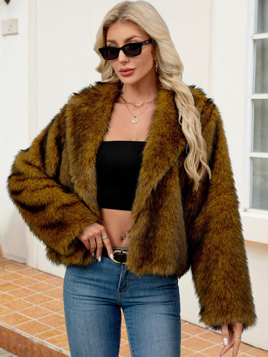 Damen Flauschige Kunstfelljacke mit elegantem Revers Heidi-Mode