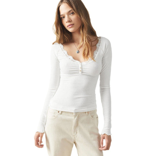Damen Langarmshirt mit Spitzendetails und Knopfleiste Heidi-Mode