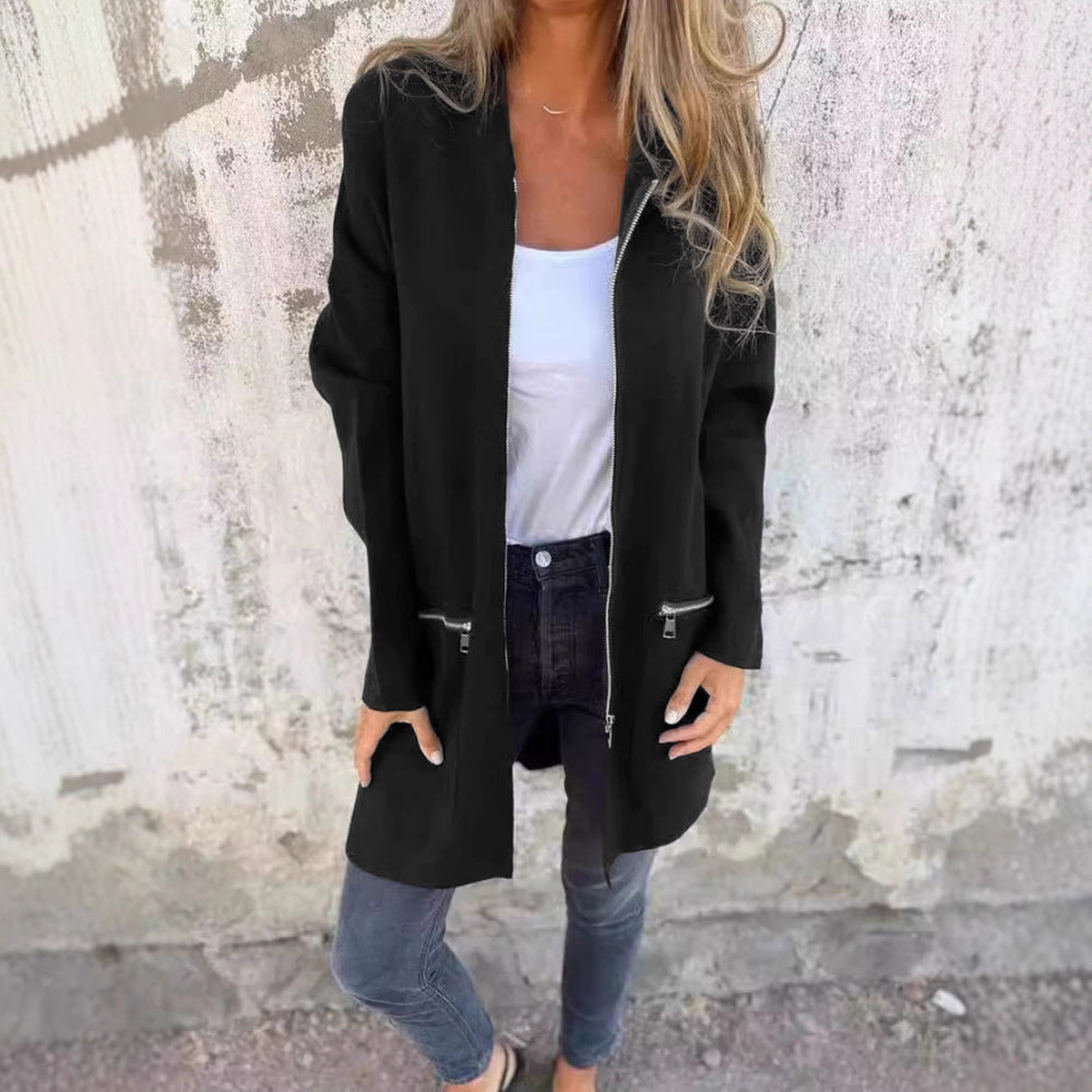 Damen Lange Strickjacke mit durchgehendem Reißverschluss und praktischen Taschen Heidi-Mode