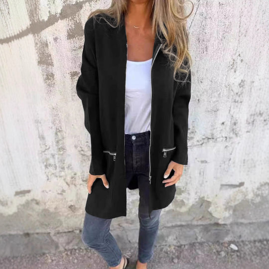 Damen Lange Strickjacke mit durchgehendem Reißverschluss und praktischen Taschen Heidi-Mode