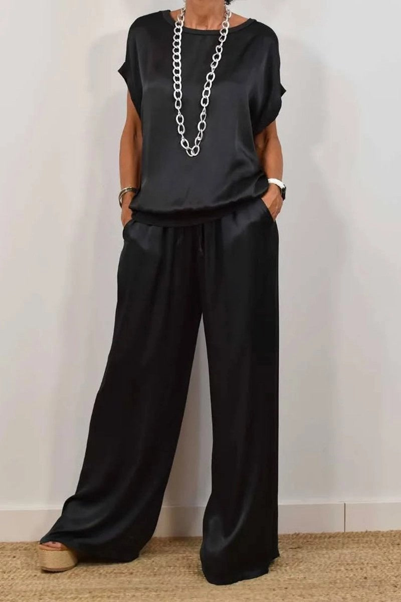 Damen Elegantes Satin Lounge-Set mit weitem Schnitt und lässigem Oberteil Heidi-Mode