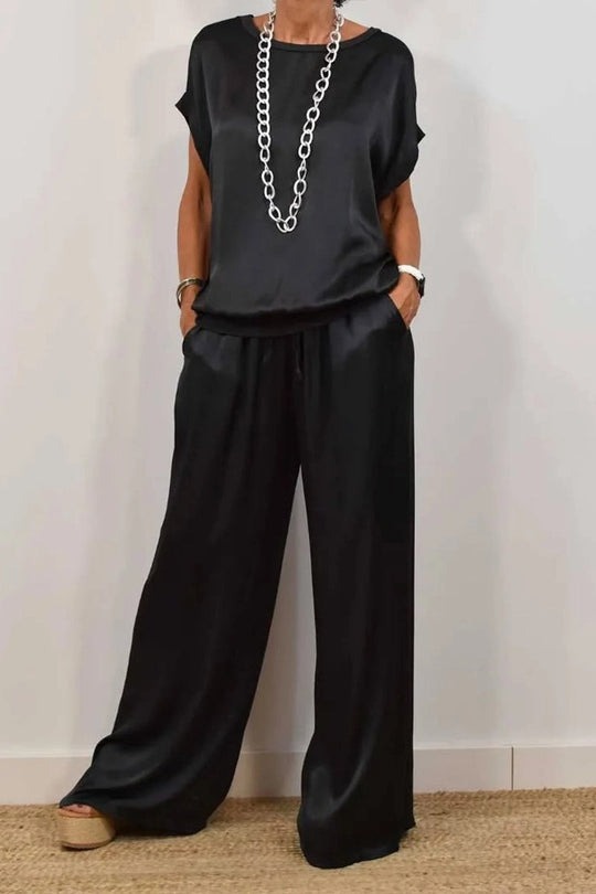 Damen Elegantes Satin Lounge-Set mit weitem Schnitt und lässigem Oberteil Heidi-Mode