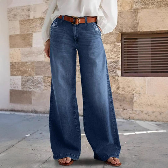 Damen Weite Jeans im Boho-Stil mit hohem Bund und komfortablem Schnitt Heidi-Mode
