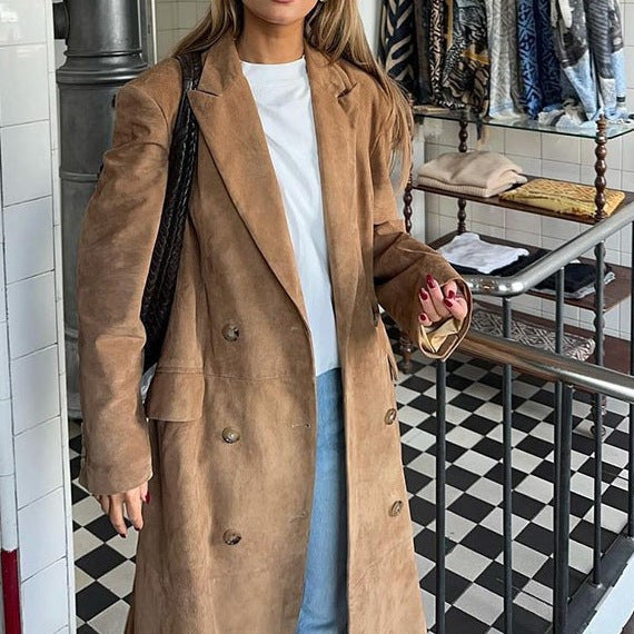 Damen Eleganter Wildleder-Trenchcoat mit doppelt geknöpftem Design Heidi-Mode