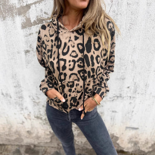 Damen Kapuzenpullover mit lässigem Leopardenmuster und praktischen Seitentaschen Heidi-Mode