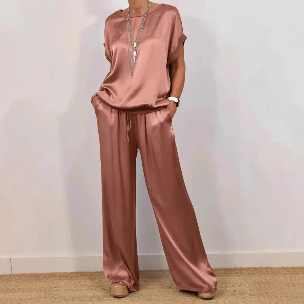 Damen Elegantes Satin Lounge-Set mit weitem Schnitt und lässigem Oberteil Heidi-Mode