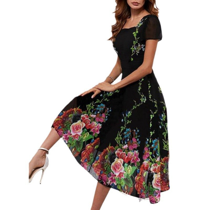 Damen Elegantes Midi-Kleid mit floralem Druck und schwingendem Saum Heidi-Mode