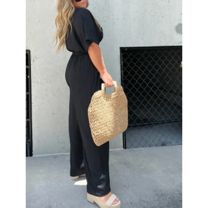 Damen eleganter Overall mit weitem Bein und tiefem V-Ausschnitt Heidi-Mode