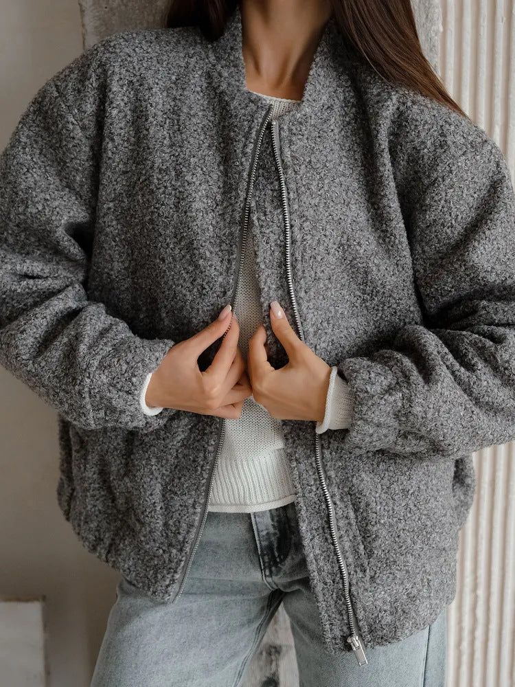 Damen Modische Bomberjacke aus weichem Wollmix mit Extragroßen Ärmeln Heidi-Mode