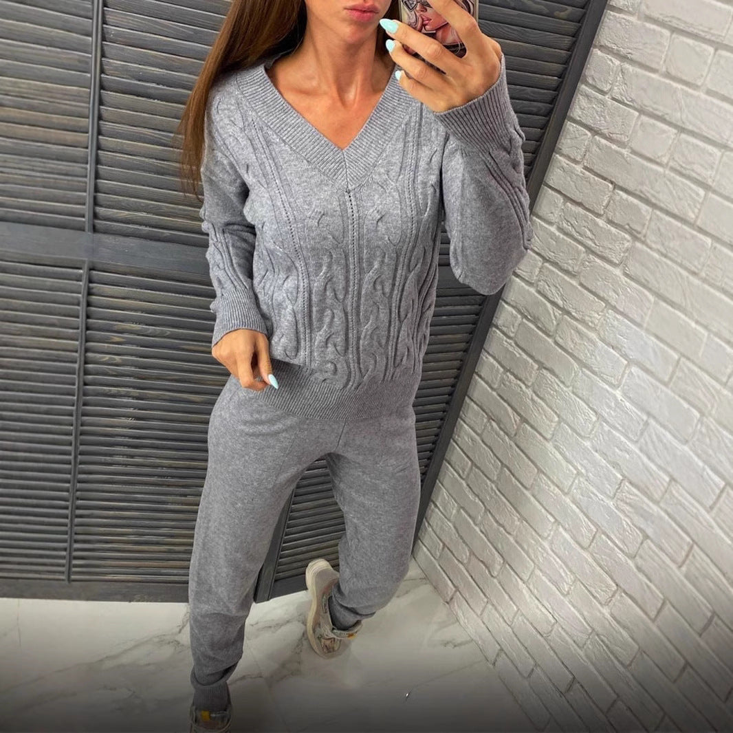 Damen Strickpullover und Jogginghose Set mit Zopfmuster Heidi-Mode