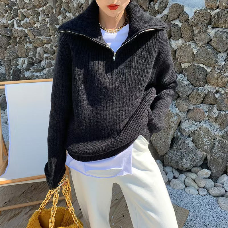 Damen Leichter Strickpullover mit hohem Kragen und Reißverschluss Heidi-Mode