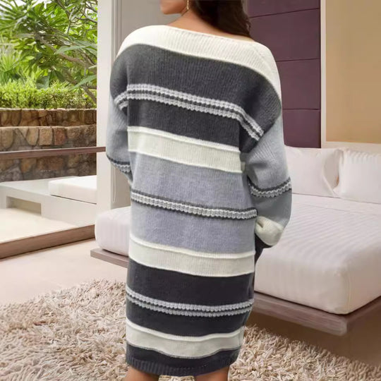 Damen Grobstrick-Kleid mit modischem Streifenmuster und weiten Ärmeln Heidi-Mode