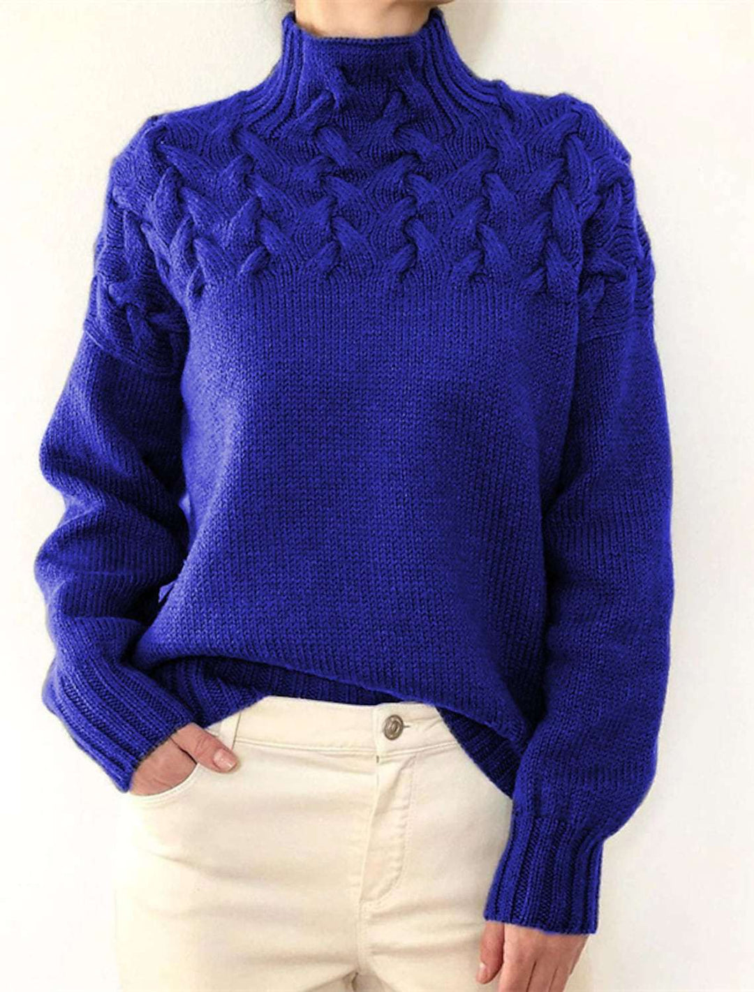 Damen Grobstrickpullover mit Stehkragen und Zopfmuster Heidi-Mode