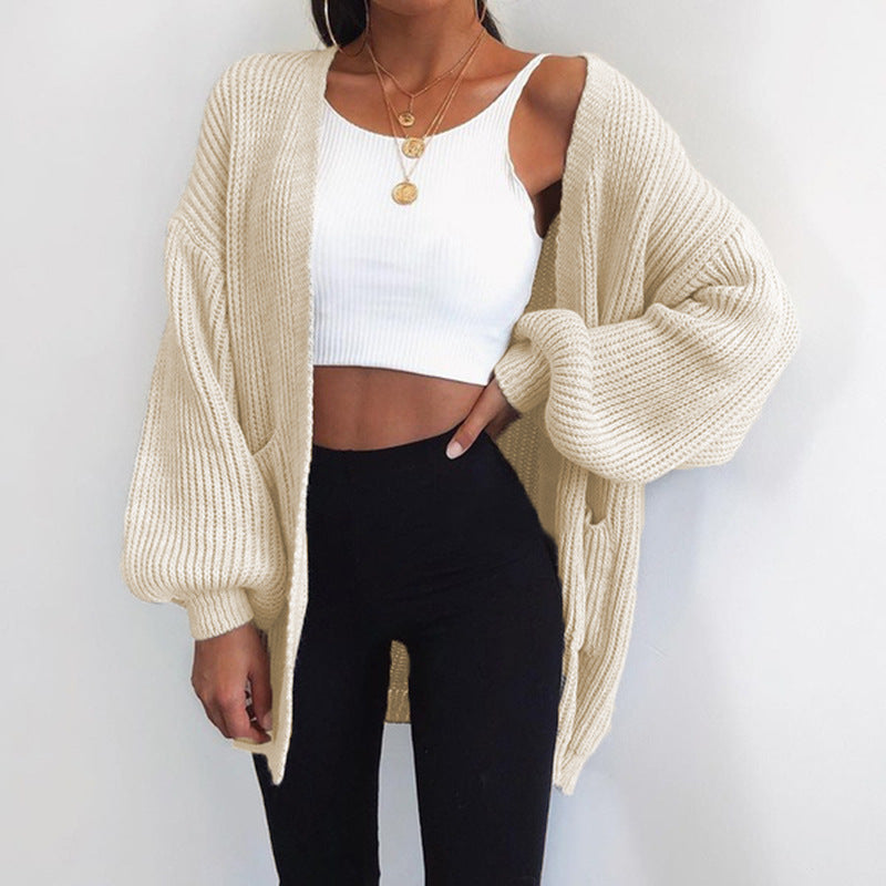 Damen Grobstrick-Cardigan mit weitem Schnitt und lässigen Puffärmeln Heidi-Mode