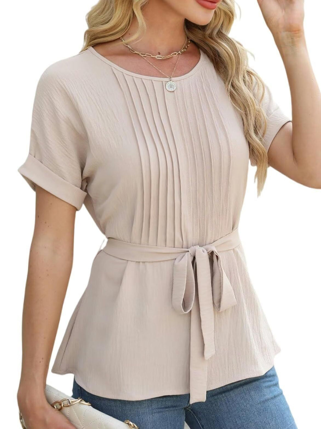 Damen modisches Blusenshirt mit eleganten Plisseedetails und Taillengürtel Heidi-Mode