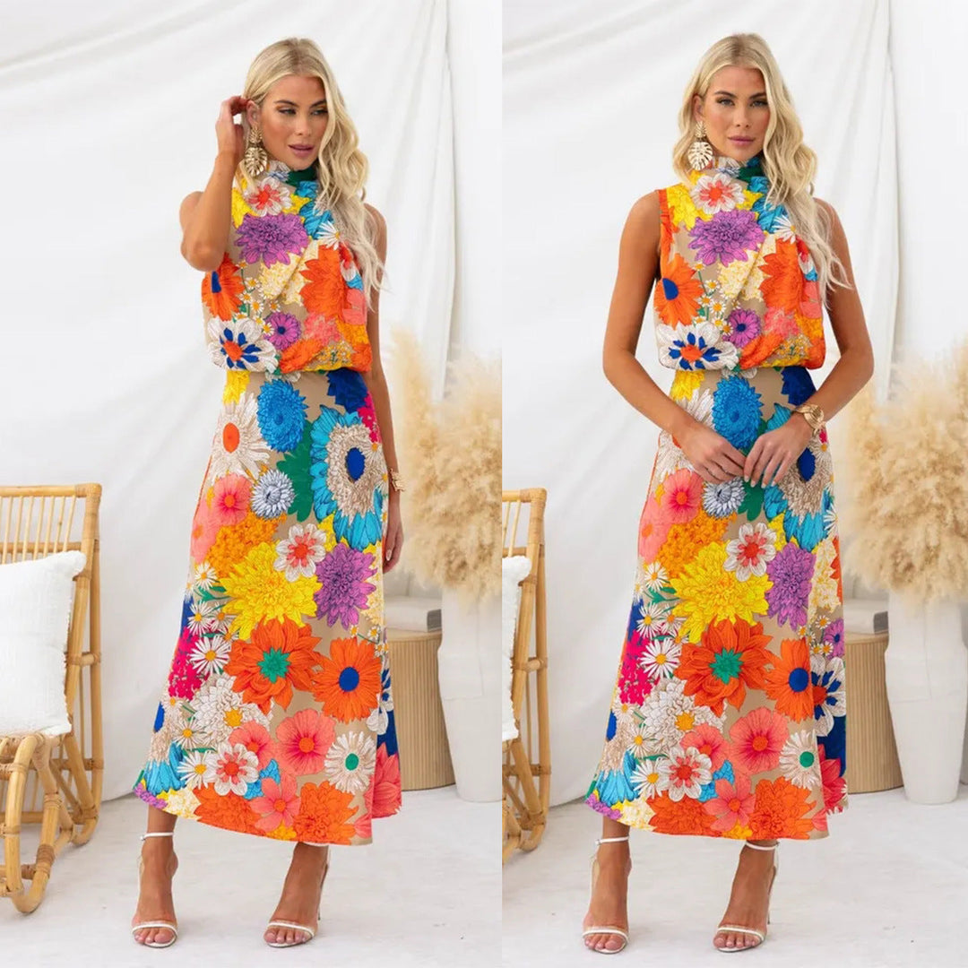 Heidi-Mode | Europäisch Populär Urlaub Druck Ohne Ärmel Halterneck Taille Eng Maxi Kleid