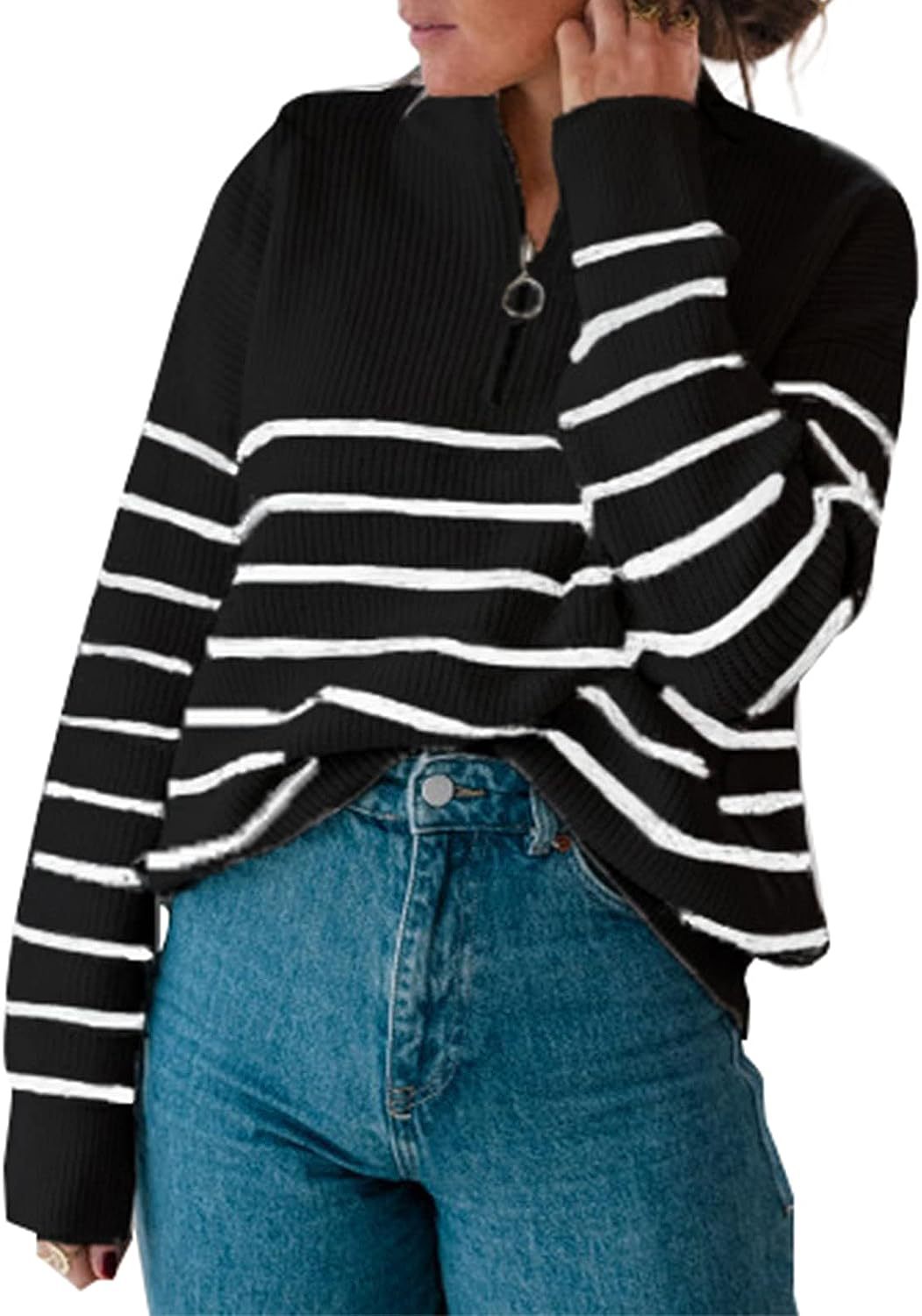 Damen lässiger Pullover mit kurzem Reißverschluss und Streifenmuster Heidi-Mode