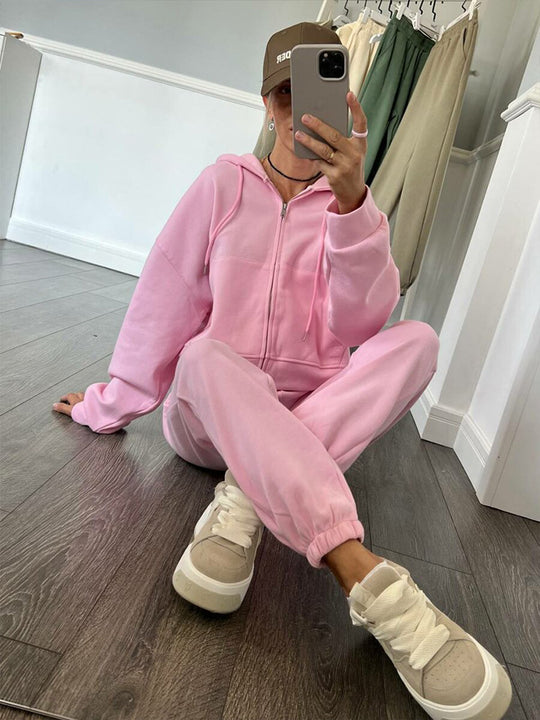 Damen sportliches Fleece-Jogginganzug mit praktischer Kapuze und elastischem Bund Heidi-Mode