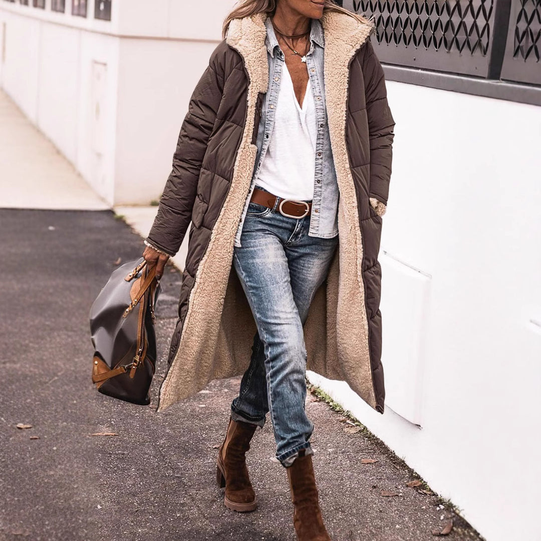 Damen lange Steppjacke mit kuscheligem Teddyfutter und großem Revers Heidi-Mode
