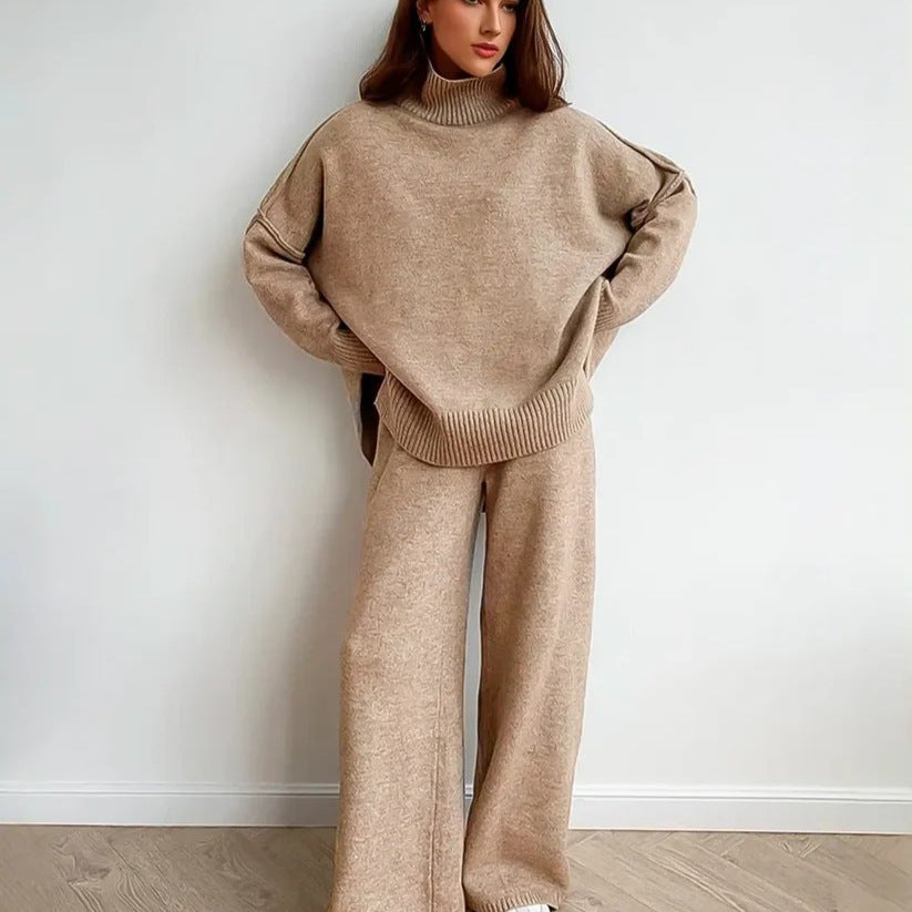 Damen Gemütliches Strickensemble mit hohem Kragen und weit geschnittenen Hosen Heidi-Mode
