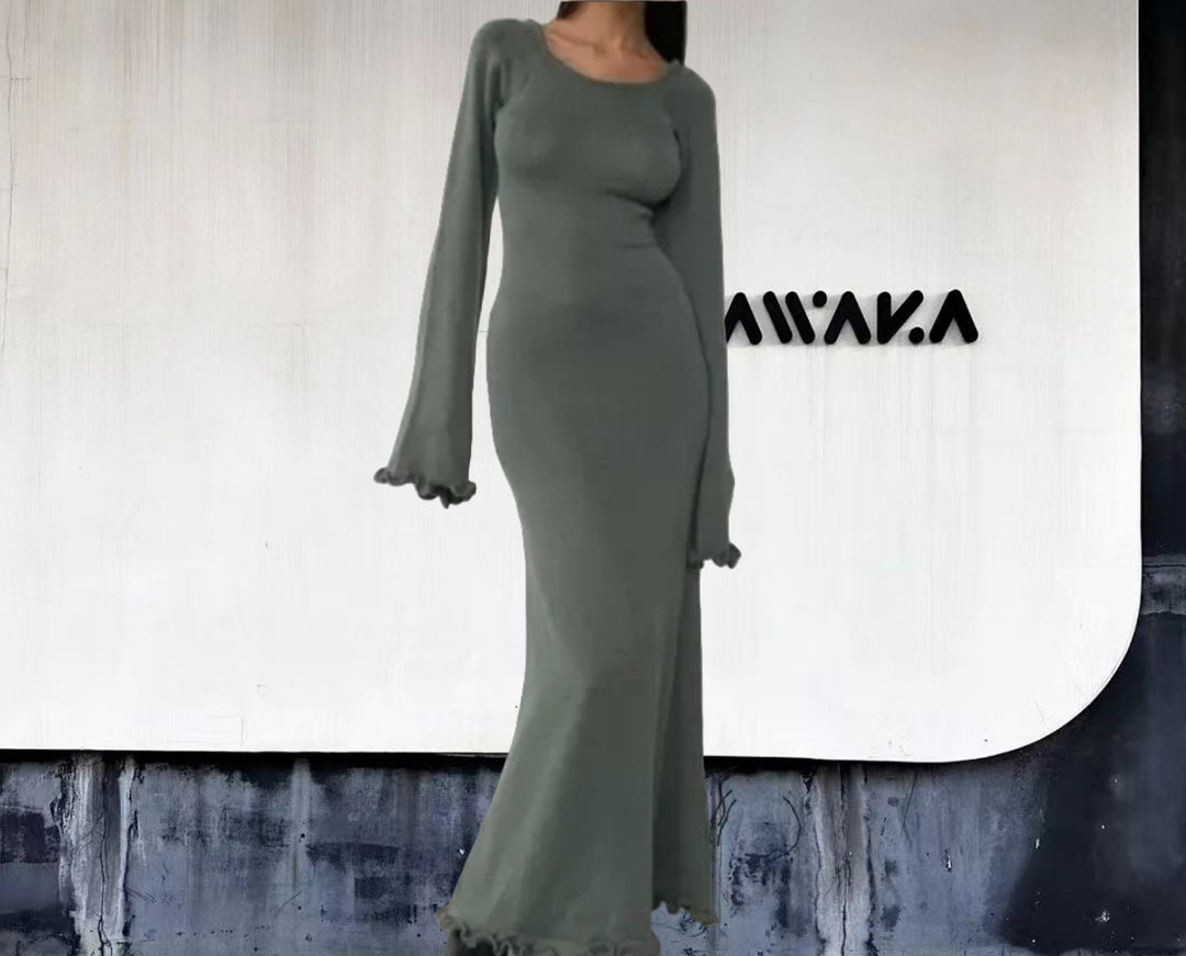 Damen Elegantes Maxikleid mit raffiniertem Rippdesign und fransigen Ärmeln Heidi-Mode