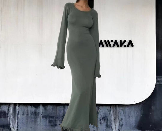 Damen Elegantes Maxikleid mit raffiniertem Rippdesign und fransigen Ärmeln Heidi-Mode