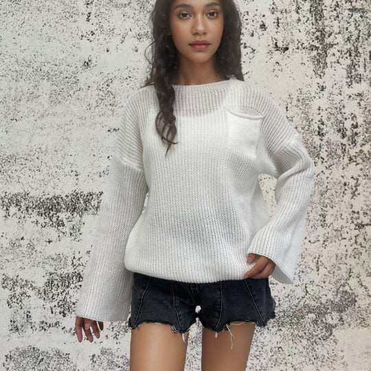Damen Grob gestrickter Pullover mit lässigem Schnitt und praktischer Tasche Heidi-Mode