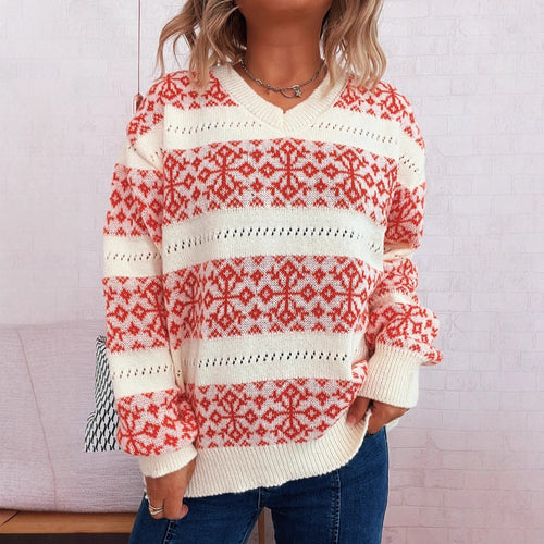 Damen Strickpullover im nordischen Muster mit tiefem V-Ausschnitt Heidi-Mode