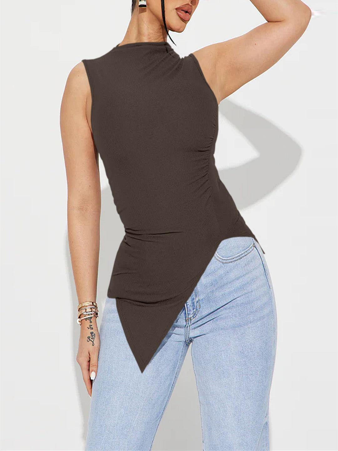 Damen ärmelloses Oberteil mit asymmetrischem Saum und Raffung Heidi-Mode