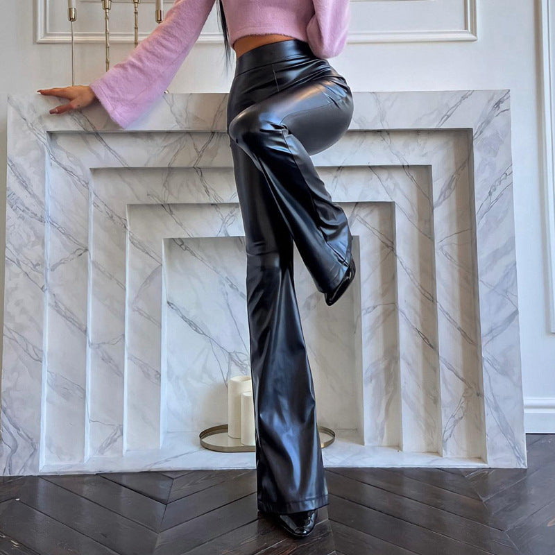 Damen Hochwertige Kunstleder-Flared-Hose mit elastischem Bund Heidi-Mode