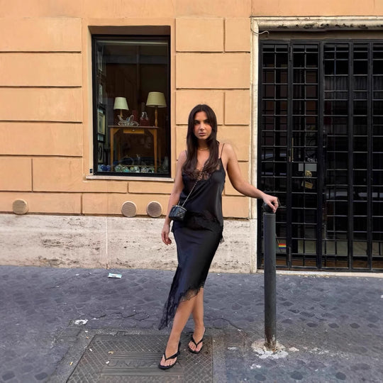 Damen Spitzenverziertes Seidenslipkleid Heidi-Mode