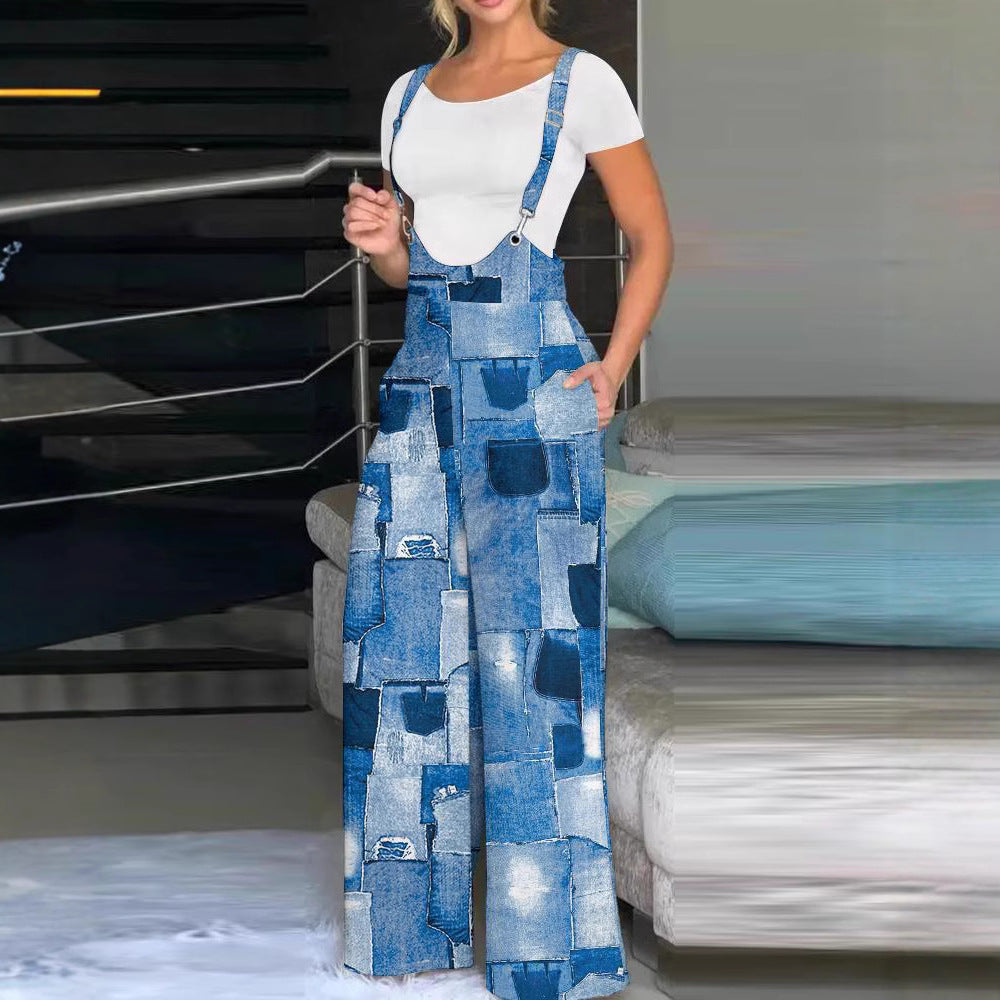 Damen modische Latzhose mit weitem Bein und buntem Grafikdesign Heidi-Mode