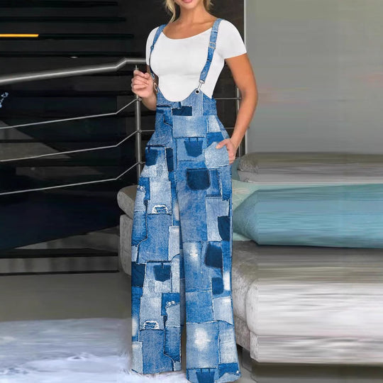 Damen modische Latzhose mit weitem Bein und buntem Grafikdesign Heidi-Mode