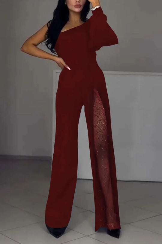 Damen Eleganter Jumpsuit mit transparenten Einsätzen und Pailletten Heidi-Mode