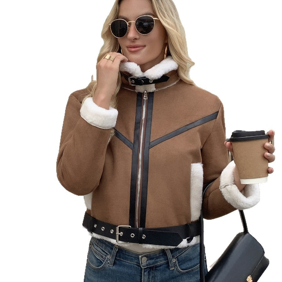 Damen Stylische Jacke mit Kunstfellbesatz und dekorativen Schnallen Heidi-Mode