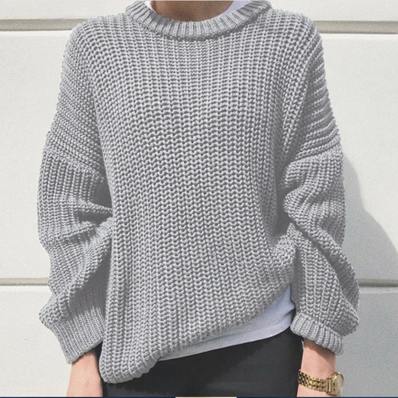 Damen legerer Grobstrickpullover mit weitem Schnitt und trendy Maschenmuster Heidi-Mode