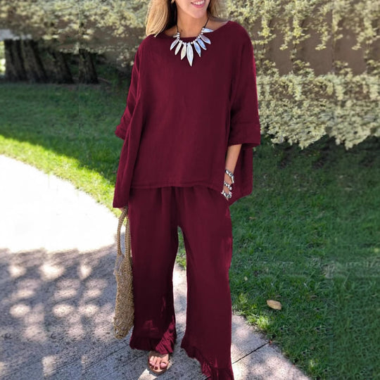 Damen lässiges Leinen-Outfit mit weitem Schnitt und angeschnittenen Ärmeln Heidi-Mode