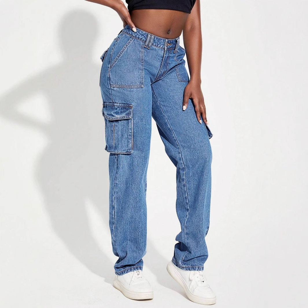 Damen Vintage Cargo Jeans mit elastischem Bund und seitlichen Taschen Heidi-Mode