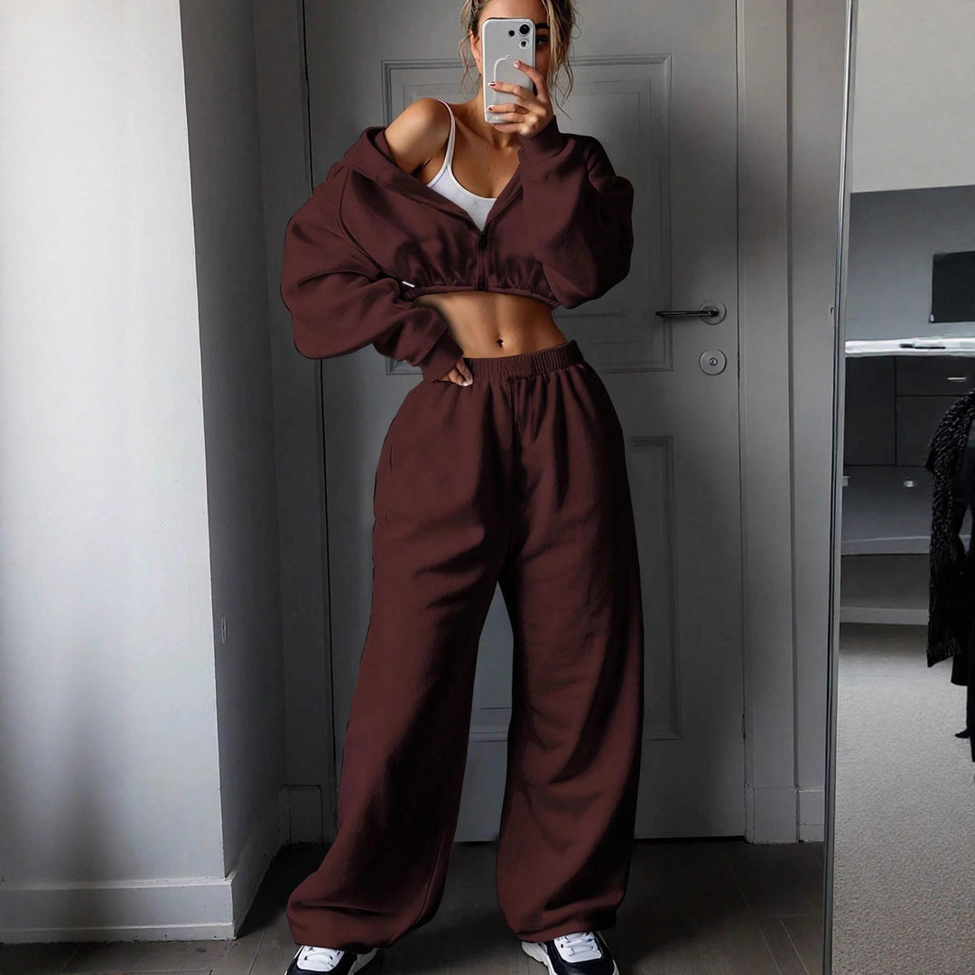 Damen lässiges Sweat-Set mit oversized Kapuzenjacke und weitem Bund Heidi-Mode