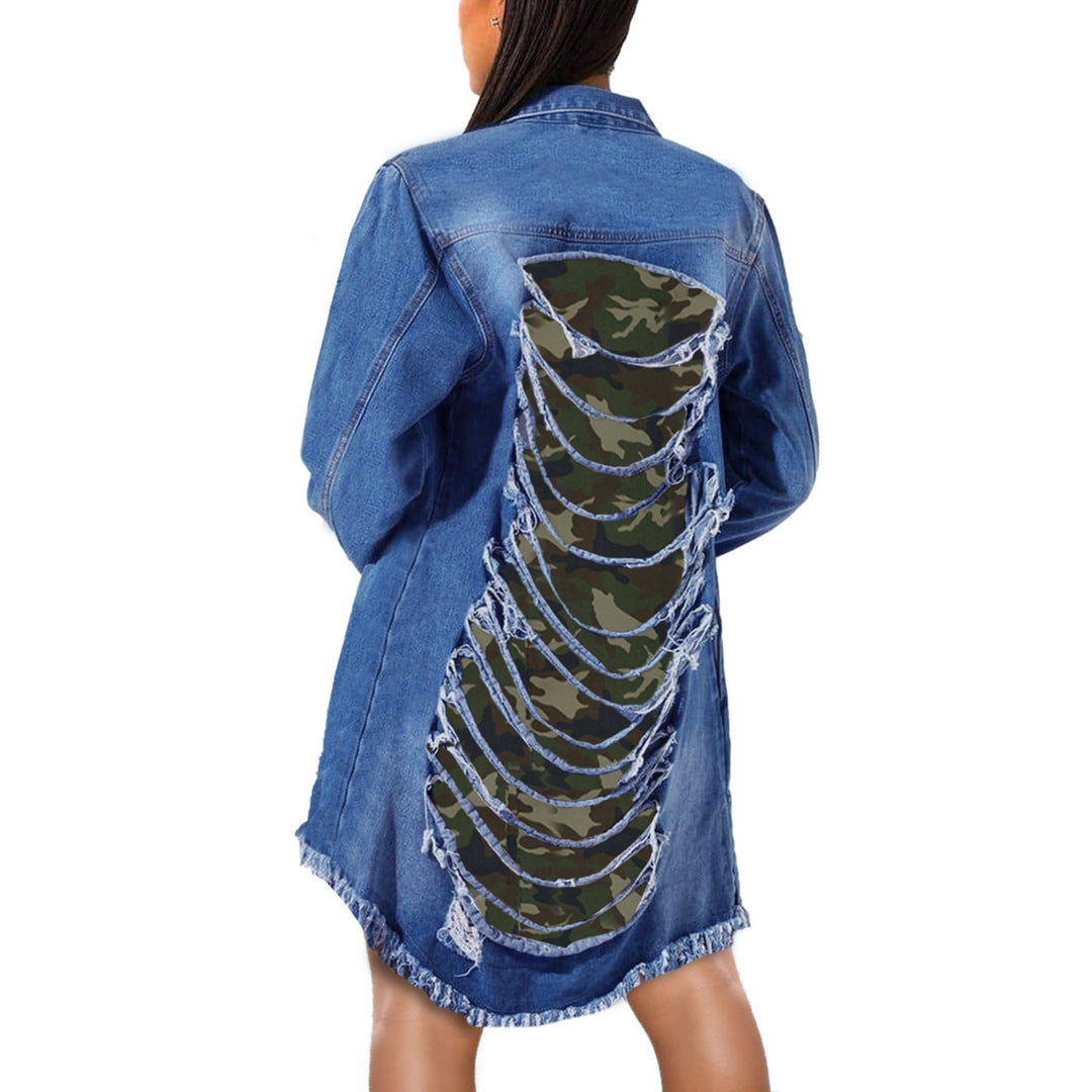 Heidi-Mode | Lange Zerrissene Jeansjacke mit Camouflage-Muster