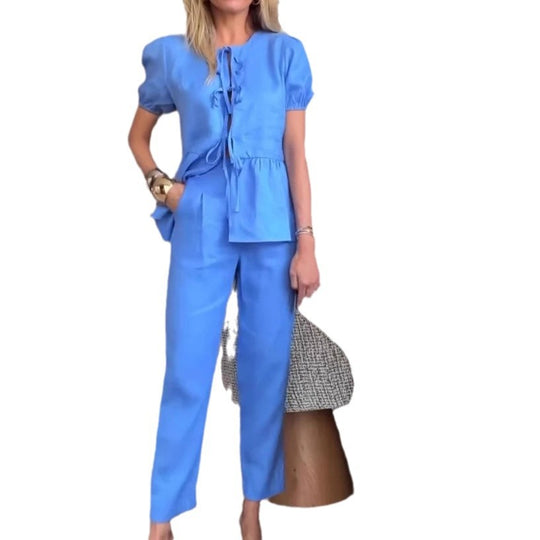 Damen entspannte Leinenhose mit passendem Oberteil und Rüschendetails Heidi-Mode