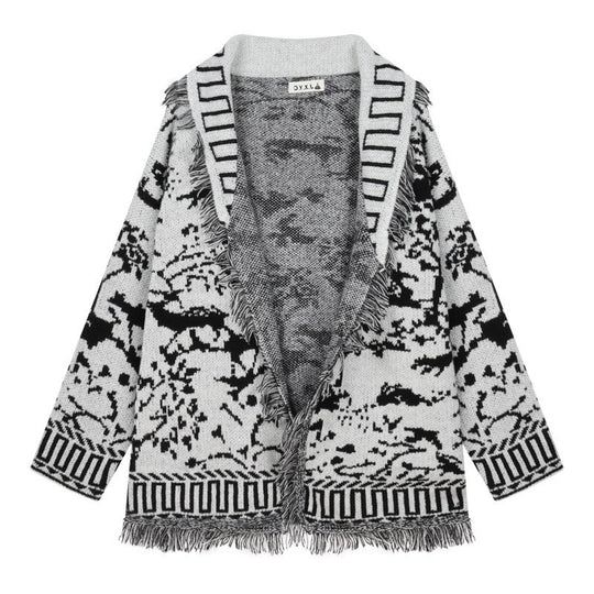 Damen Fransen-Strickjacke mit grafischem Muster und offenen Vorderteilen Heidi-Mode