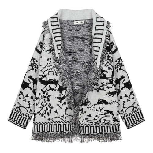 Damen Fransen-Strickjacke mit grafischem Muster und offenen Vorderteilen Heidi-Mode