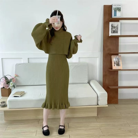 Damen Strickkleid mit hochgeschlossenem Kragen und Rippstruktur Heidi-Mode