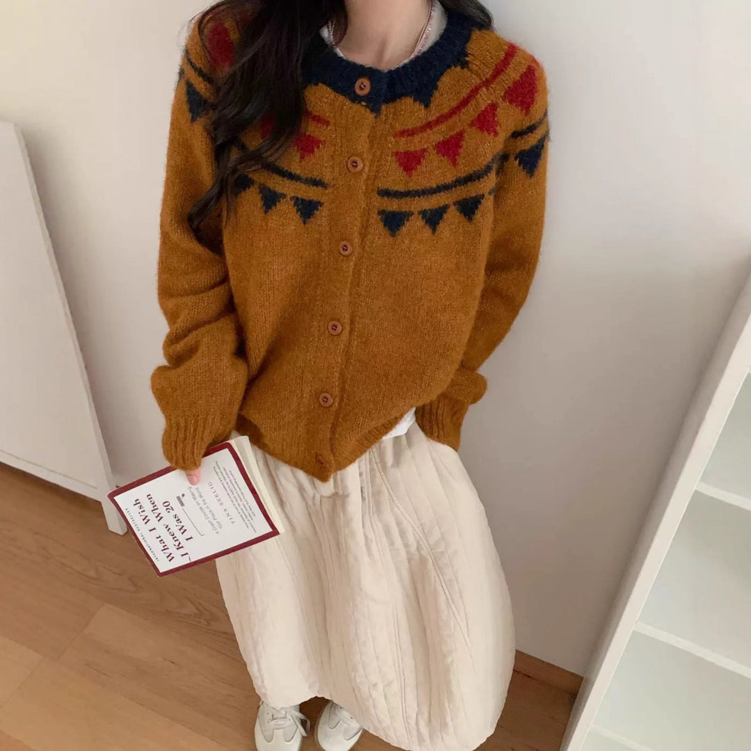 Damen Grobstrickcardigan mit aufwendigem Farbmuster und komfortablem Knopfverschluss Heidi-Mode