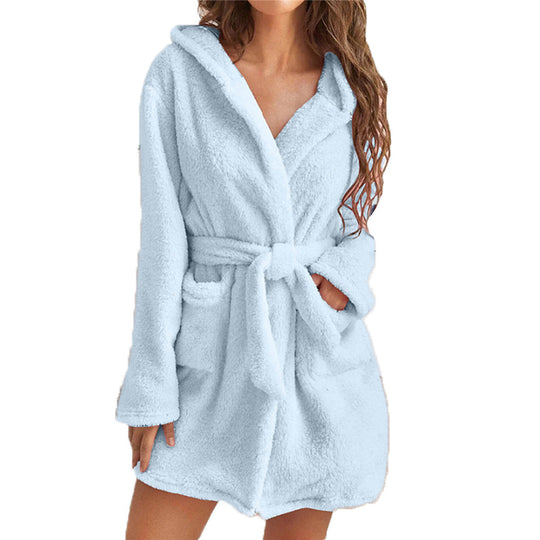 Damen Fleece Bademantel mit Kapuze und Gürtel Heidi-Mode