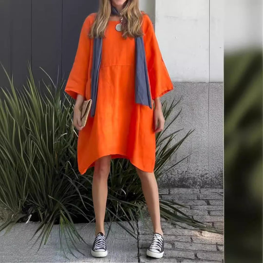 Damen lässiges Leinenkleid mit praktischen Taschen und asymmetrischem Saum Heidi-Mode